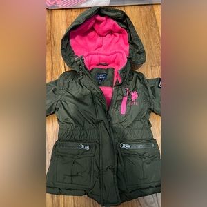 U.S. Polo Assn 4T girls winter coat army green and pink lined w hood